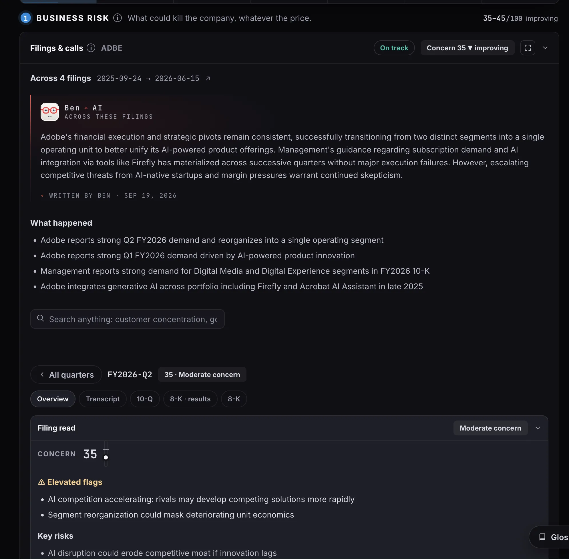 Filings and calls panel scoring concern at 35 and improving across four filings, with a written read of what happened and elevated flags naming accelerating AI competition and a segment reorganization that could mask unit economics