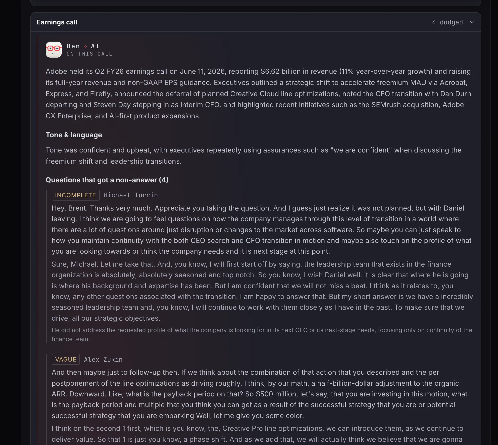 Earnings-call analysis listing the four analyst questions that got a non-answer, each tagged incomplete or vague, with the transcript and a line explaining precisely what went unanswered