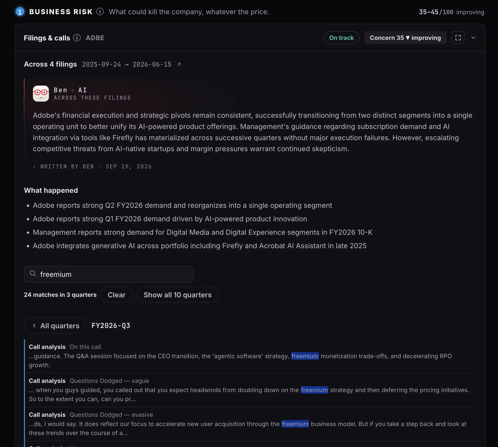 Full-text search for the word freemium across ten quarters of filings and earnings calls, returning 24 matches in 3 quarters with every hit shown in its surrounding sentence