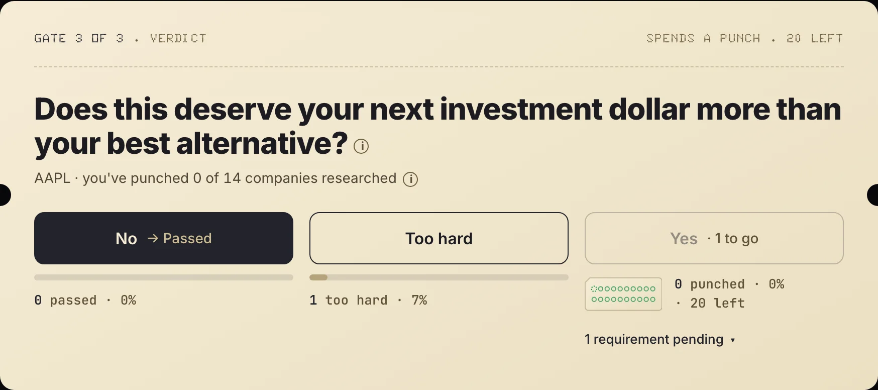 A pitch's verdict in the app: the three piles with their counts, and the gate asking whether the company is worth a hole on the card