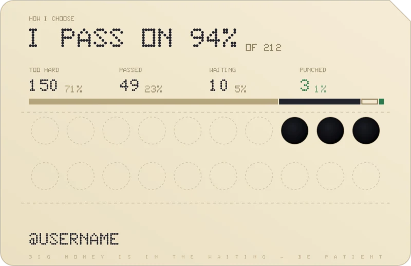 The back of a member's card: I pass on 94% of 212 companies